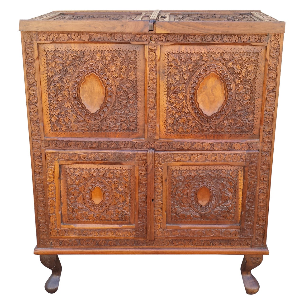 Bar Chest,  Unique Oriental Asian Style Carved Pop Up Bar Cabinet For Sale
