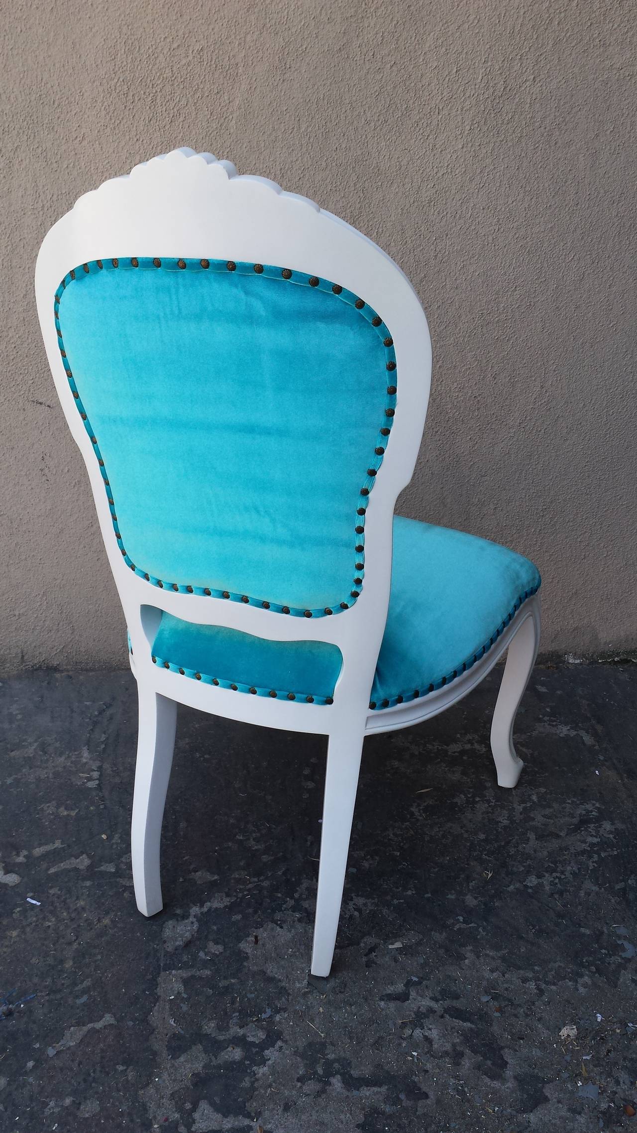 20th Century Set of Six French Louis XV Style Side Chairs in Turquoise and White