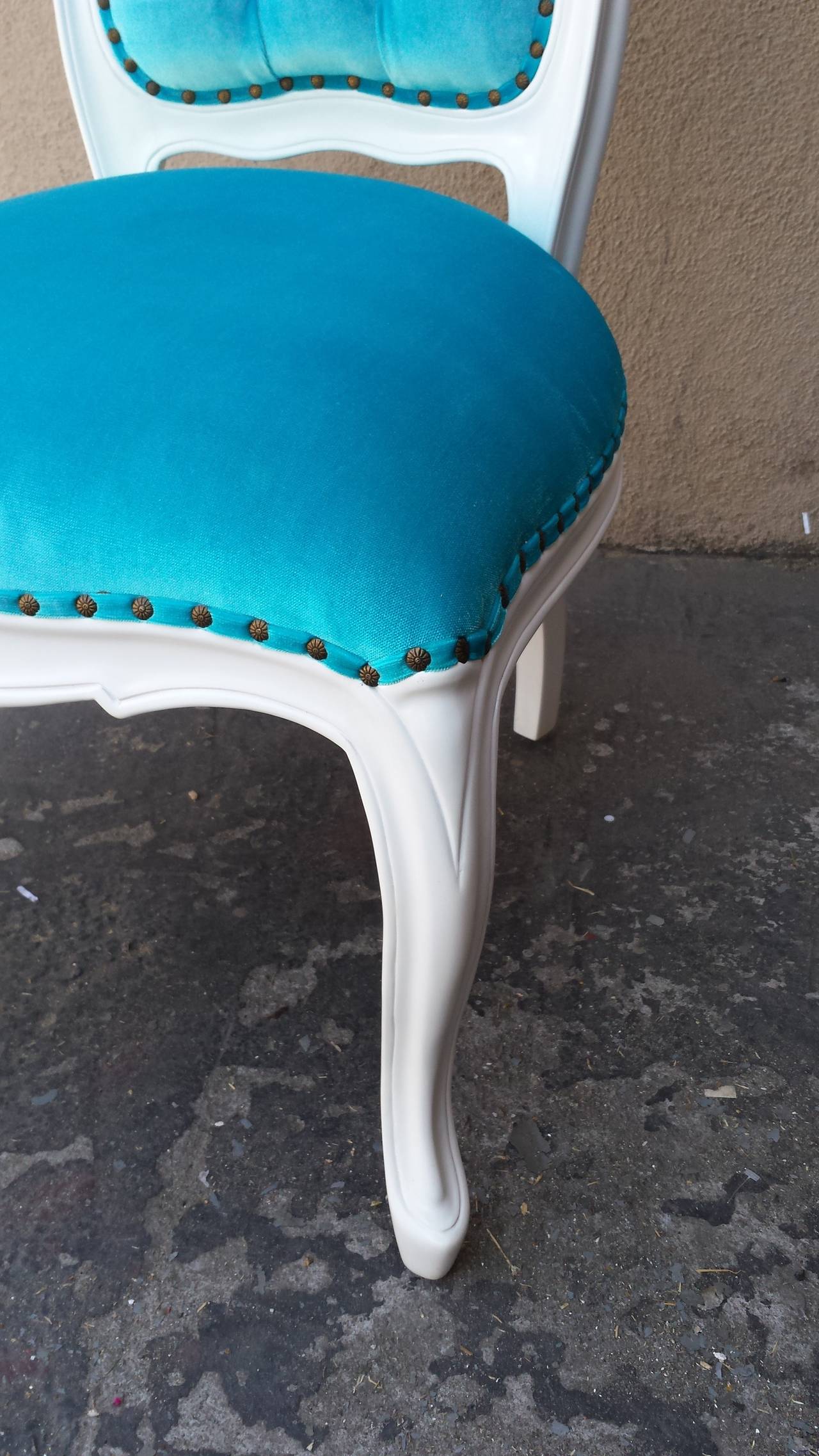 Set of Six French Louis XV Style Side Chairs in Turquoise and White 1