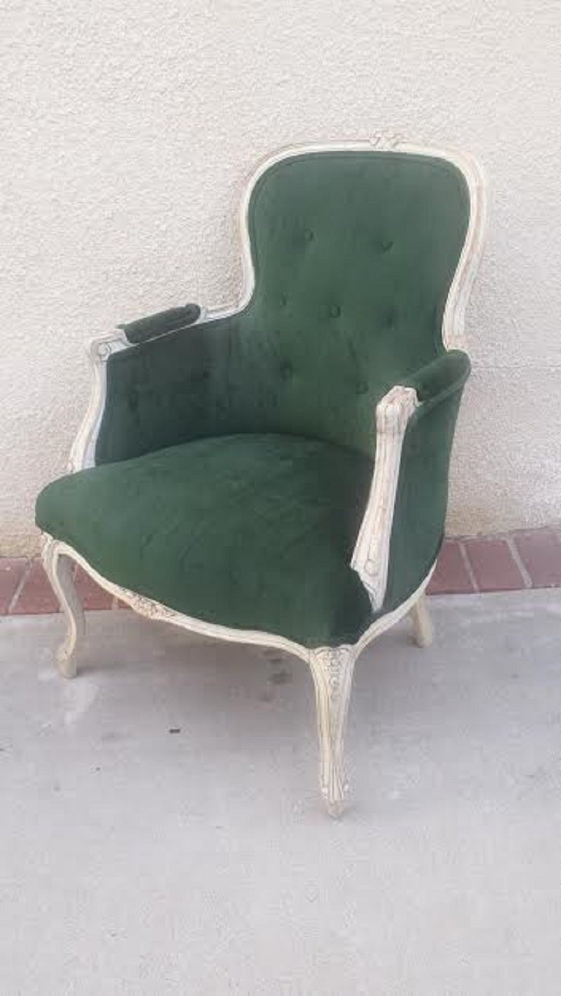 French style Bergere armchair with Green velvet upholstery.