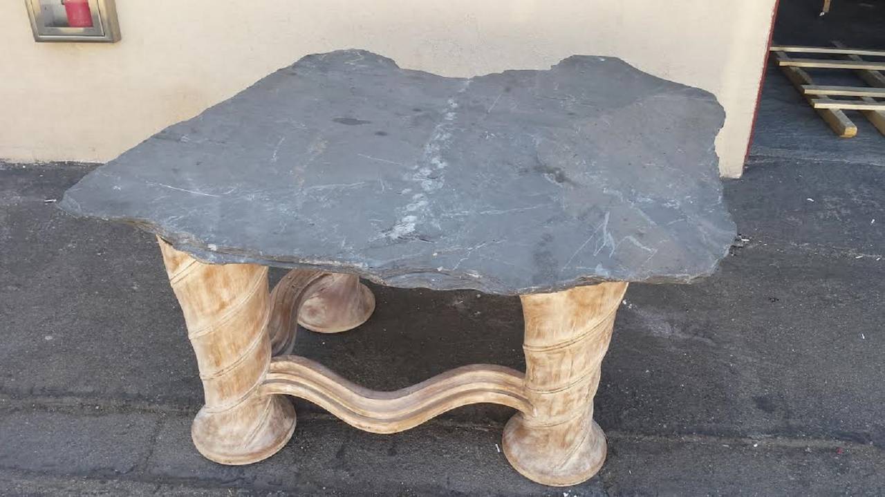 Mid-Century Modern Desk / Table, One-of-a-Kind Table with Free Form Slab Slate Top For Sale