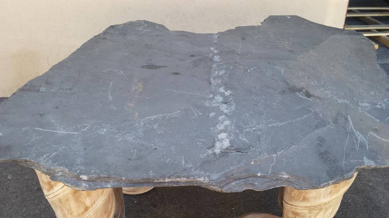 American Desk / Table, One-of-a-Kind Table with Free Form Slab Slate Top For Sale