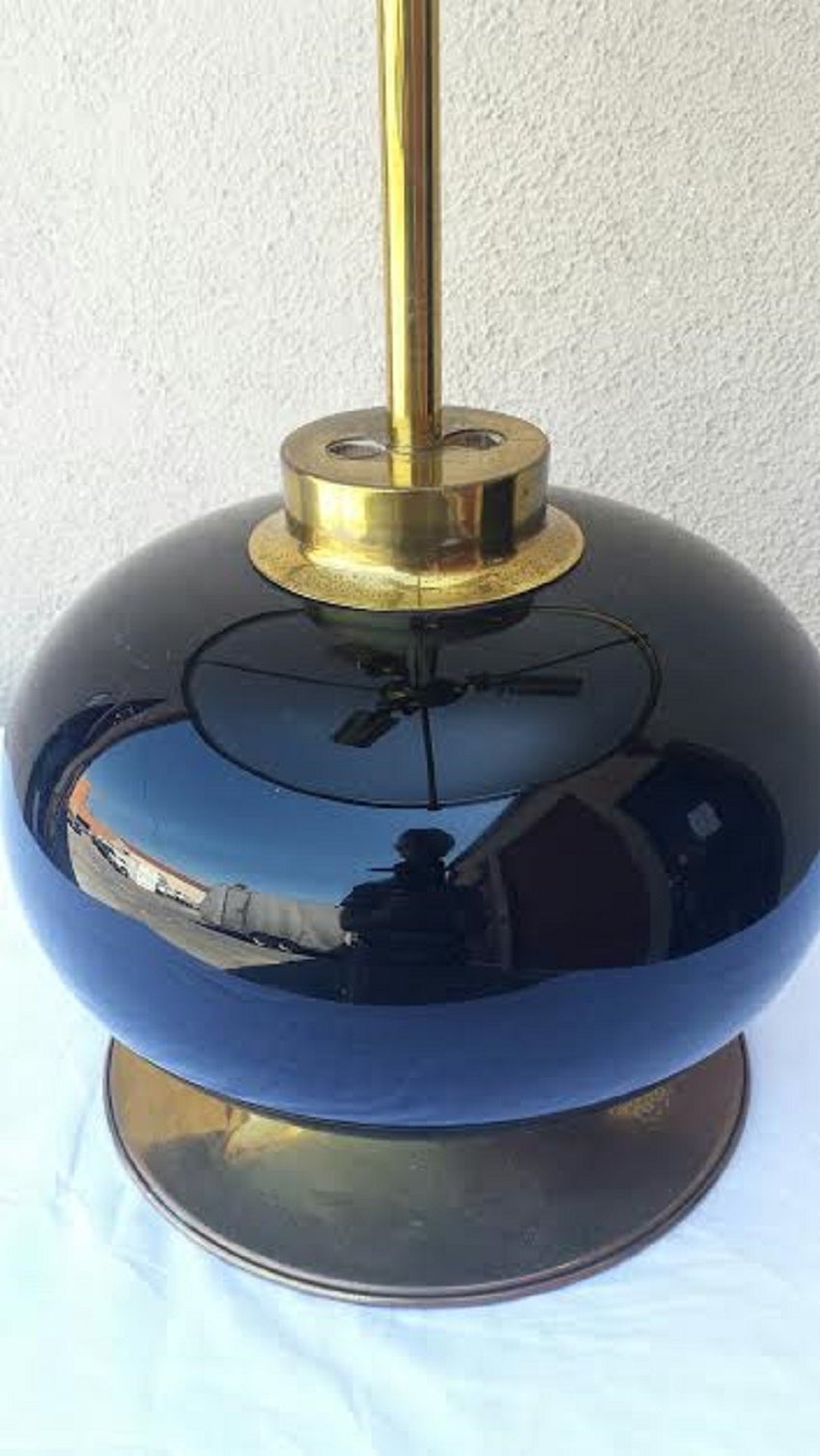 Mid Century Art Deco Style desk table lamp. The large mushroom shade is made off frosted milk glass. Porcelain body with brass. Three adjustable lamp sockets. In original condition beautiful patina is shown on the brass base. Some light wear shown