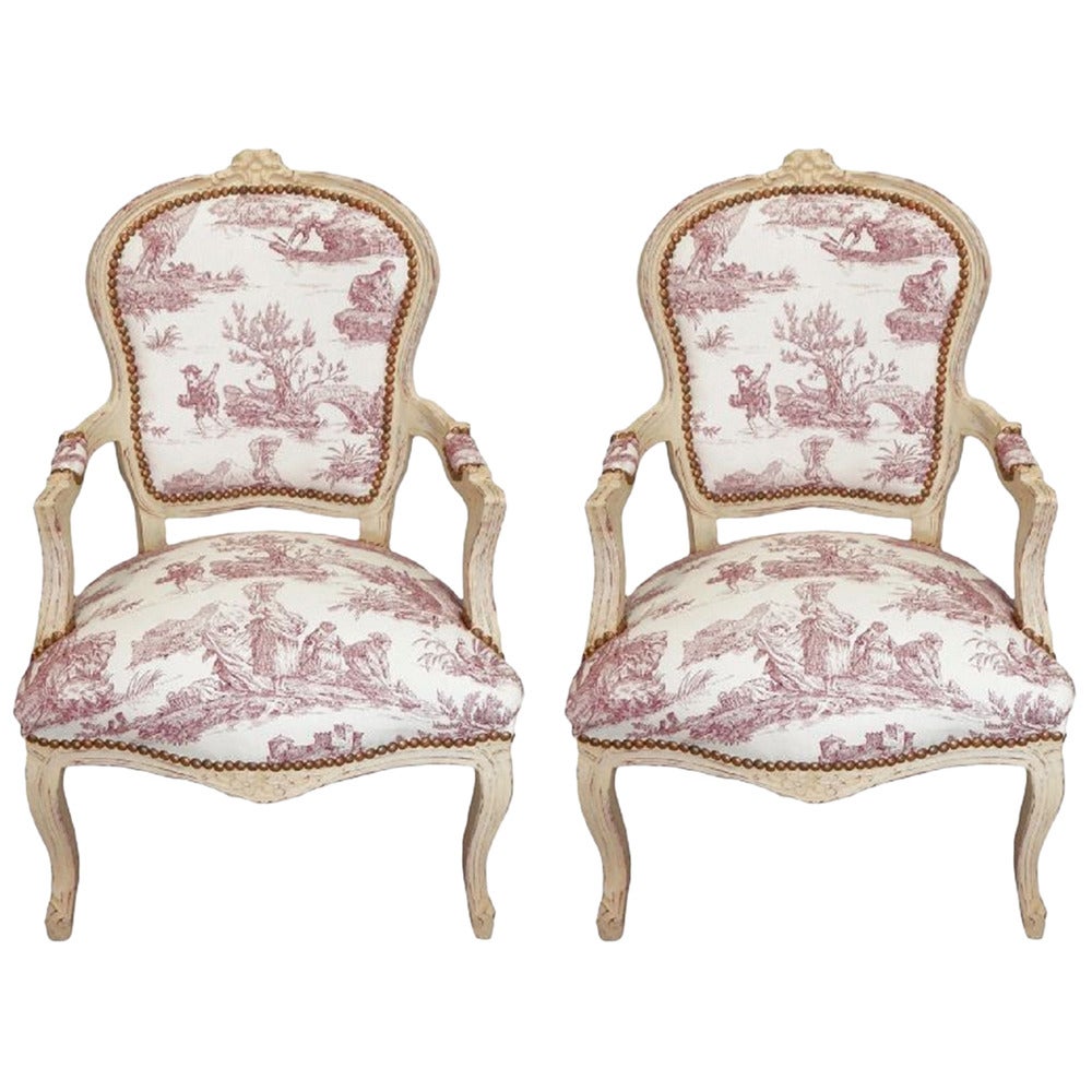 Pair of French Louis XV Style Armchairs, Farmhouse Chic For Sale