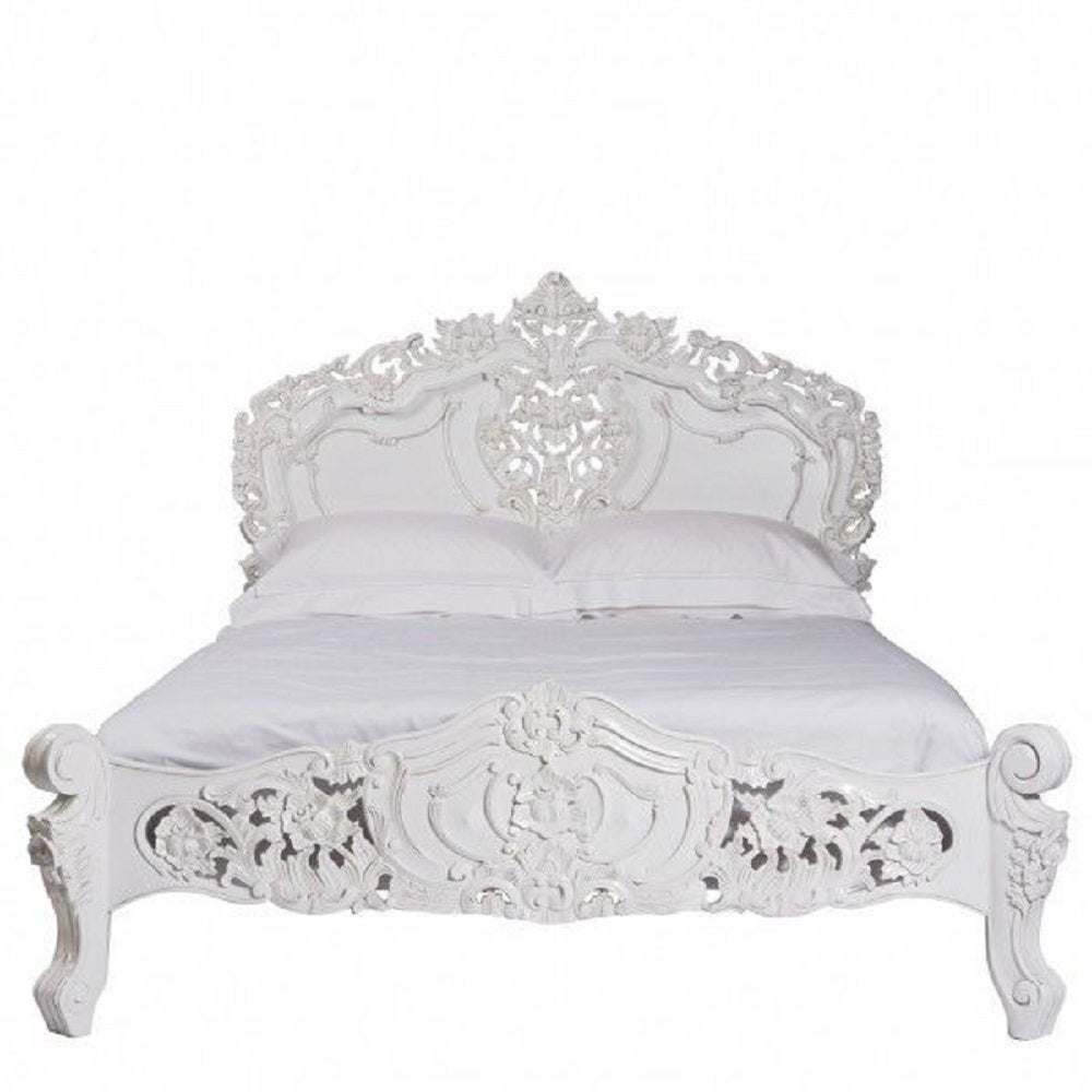 French Bed, French Louis XV Rococo Style White Bed, Queen-Size