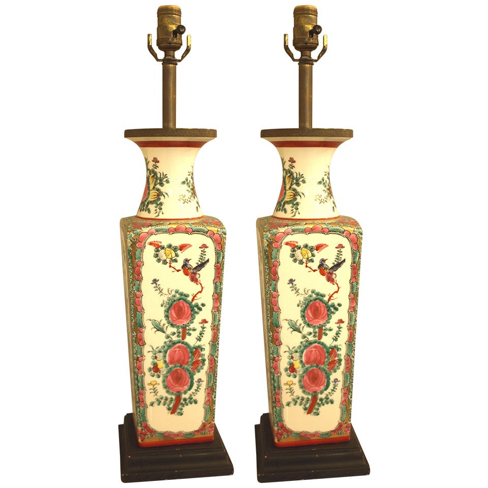 Table lamps, Pair of Chinese Porcelain Painted Lamps For Sale