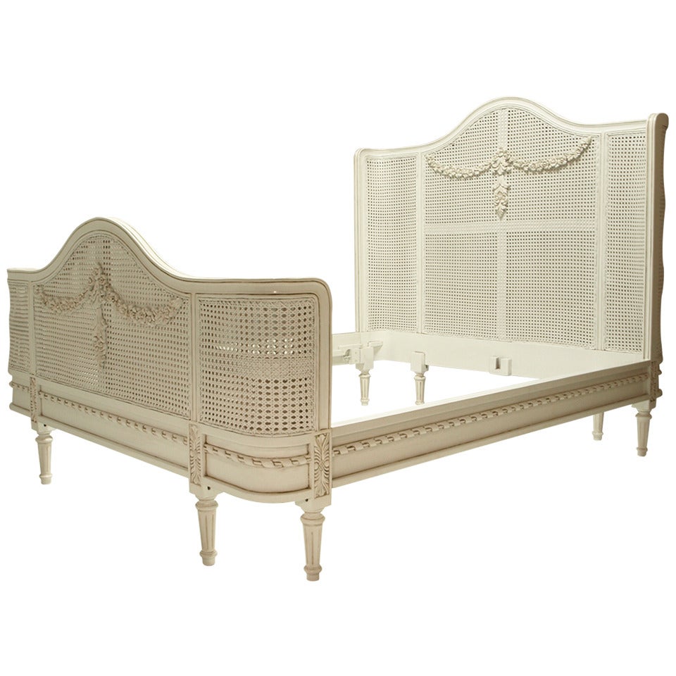 French Bed in Louis XV Style, White Cane, Queen Size For Sale