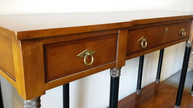 American Console Table, Burl Wood and Brass Art Deco Table For Sale