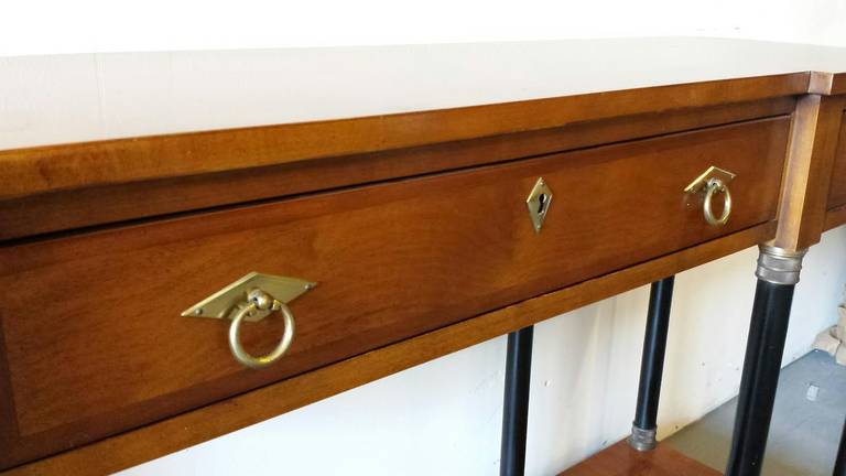 Console Table, Burl Wood and Brass Art Deco Table In Excellent Condition For Sale In Glendale, CA