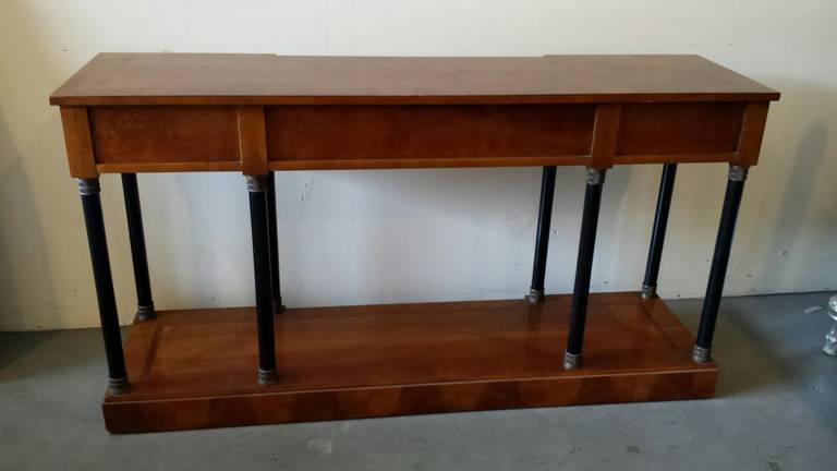 20th Century Console Table, Burl Wood and Brass Art Deco Table For Sale