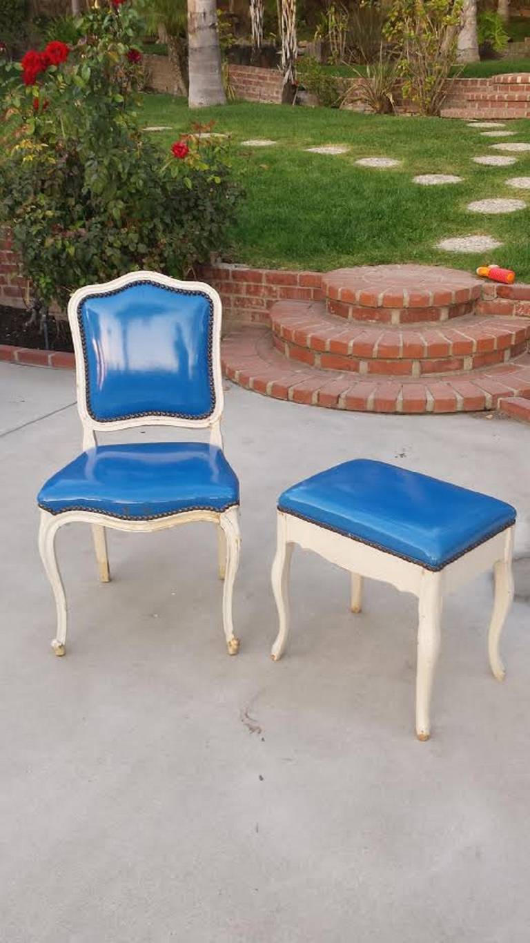 French Chair In Louis XVI Style White Painted Side Chair & Stool