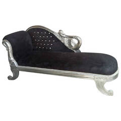 French Baroque Style Chaise Longue in Black Velvet and Crystals