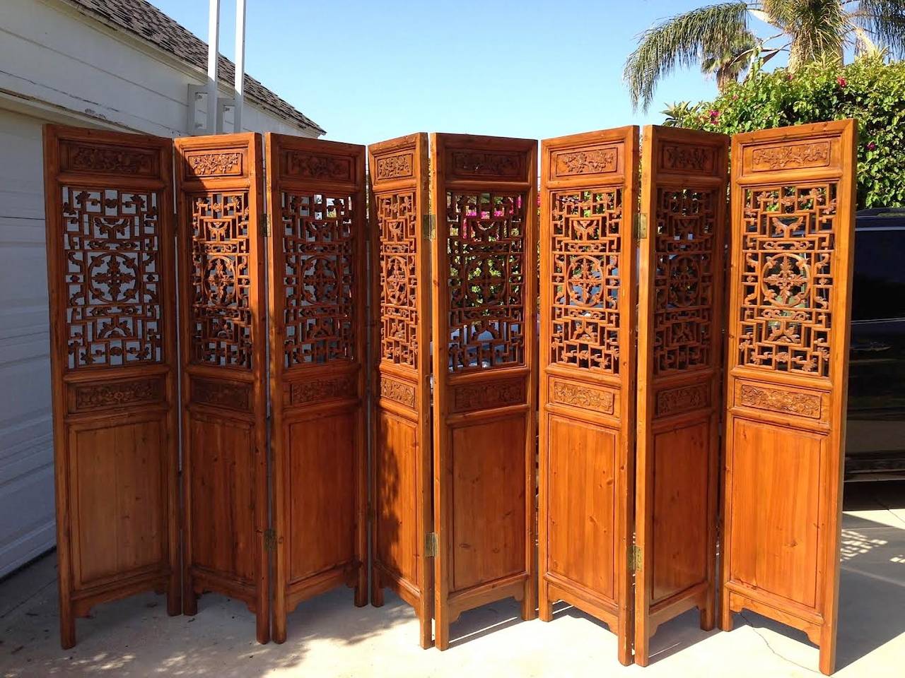 Beautiful Chinese antique cedar wood room divider. Eight panels. Can be used as a room divider or screen. 12 foot.