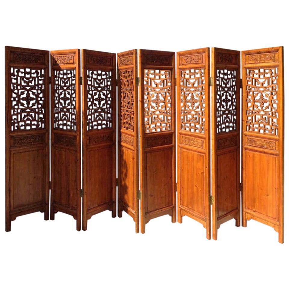 Room Divider, Large Eight-Panel Chinese Antique Room Divider or Screen For Sale