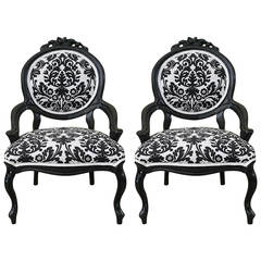 French Armchairs in Louis XV Style in Damask