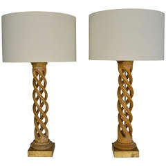 James Mont Pair of Gilt Wood Spiral Lamps