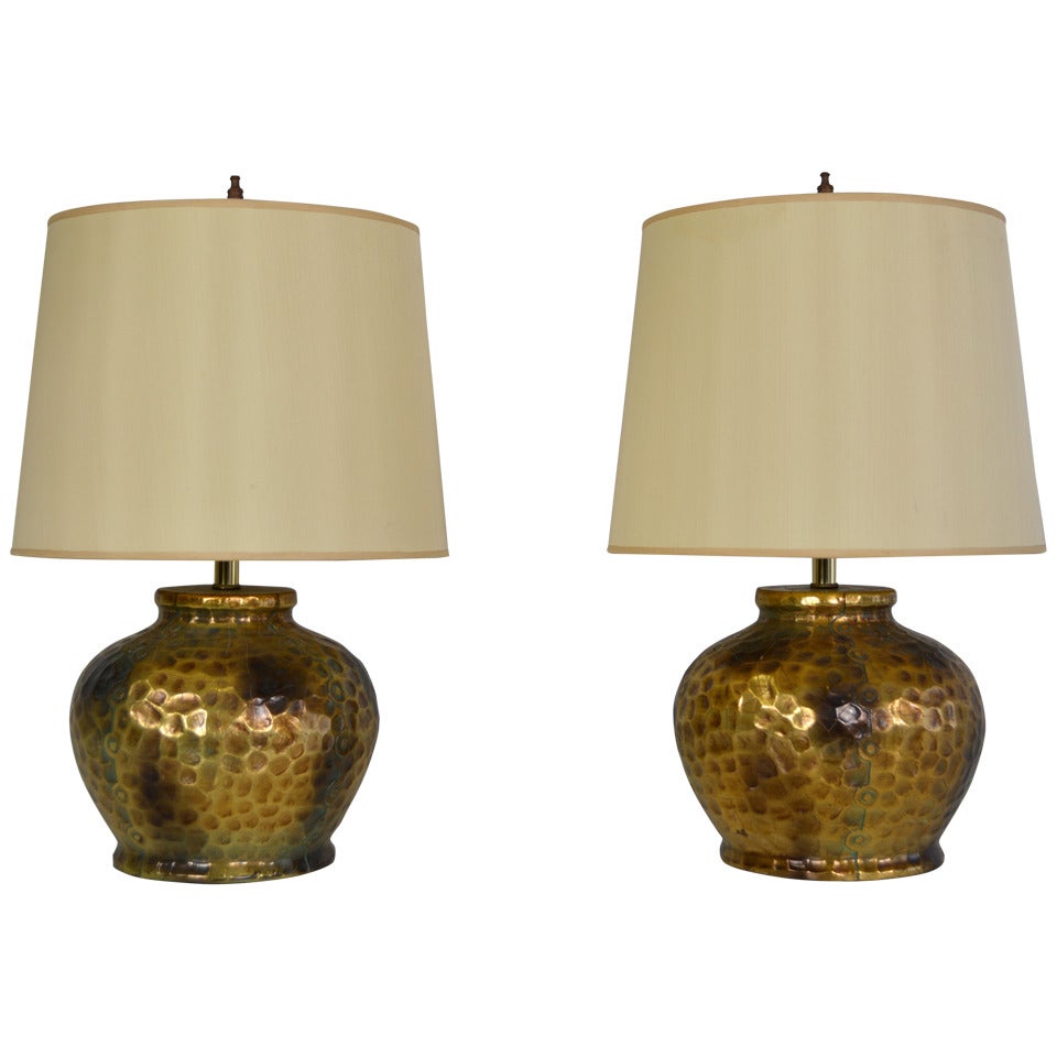 Pair of Lamps with Hammered Copper Finish For Sale