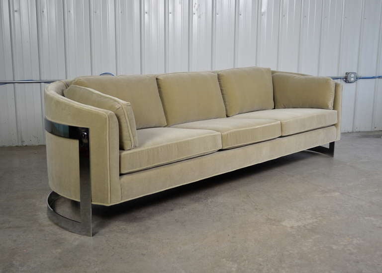 A stunning sofa designed by Milo Baughman.  Chrome plated steel frame.  Newly upholstered in mohair.