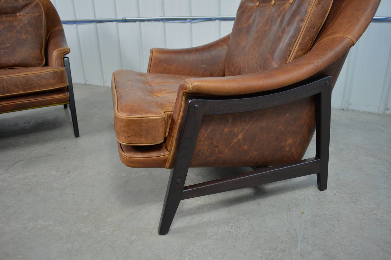 Edward Wormley Leather Janus Lounge Chairs In Excellent Condition In Loves Park, IL