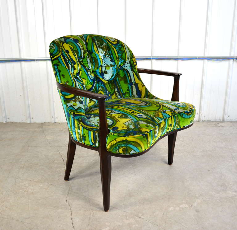 A Janus lounge chair by Edward Wormley for Dunbar. Original Jack Lenor Larsen upholstery and wood finish.