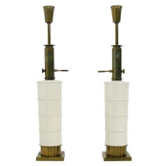 Pair of White Ceramic and Brass Faux Bamboo Lamps by Stiffel