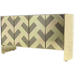 Ello Credenza with Brass and Smoked Mirror Herringbone Front