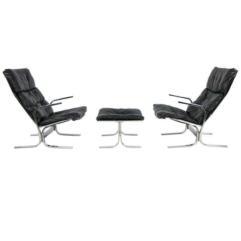 Ingmar Relling for Westnofa Pair of Lounge Chairs and Ottoman 