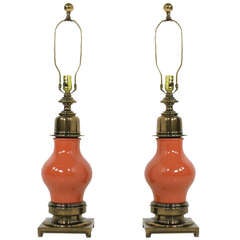 Pair of Stiffel Ceramic and Brass Ginger Jar Lamps