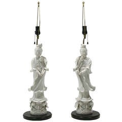 Pair of Blanc de Chine Kuan Yin Lamps