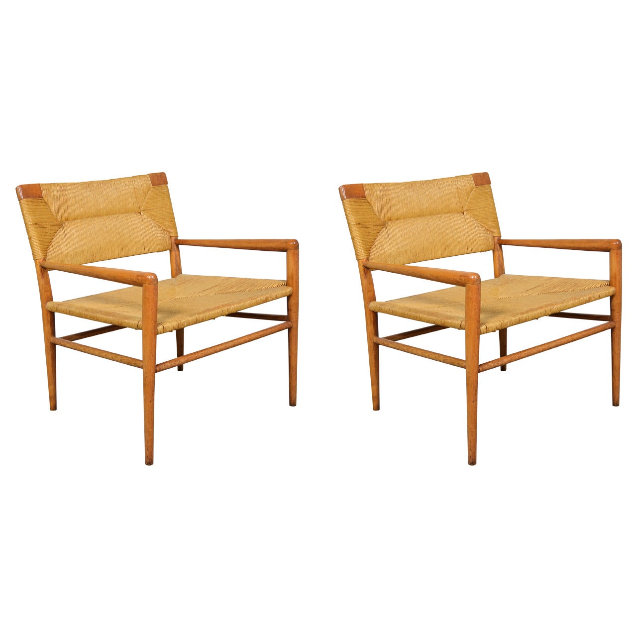 Mel Smilow Pair of Walnut and Woven Rush Chairs For Sale