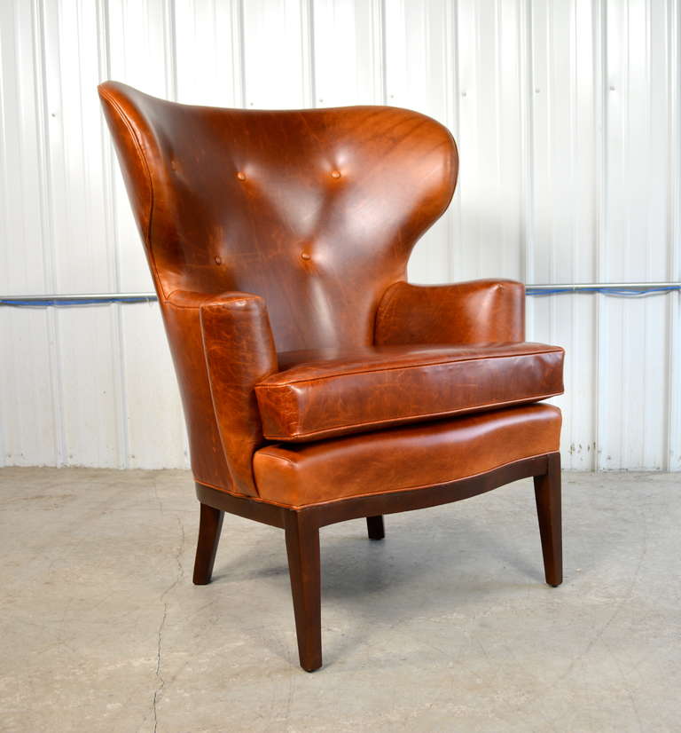 Mid-20th Century Early Wingback Leather Lounge Chair by Edward Wormley for Dunbar For Sale