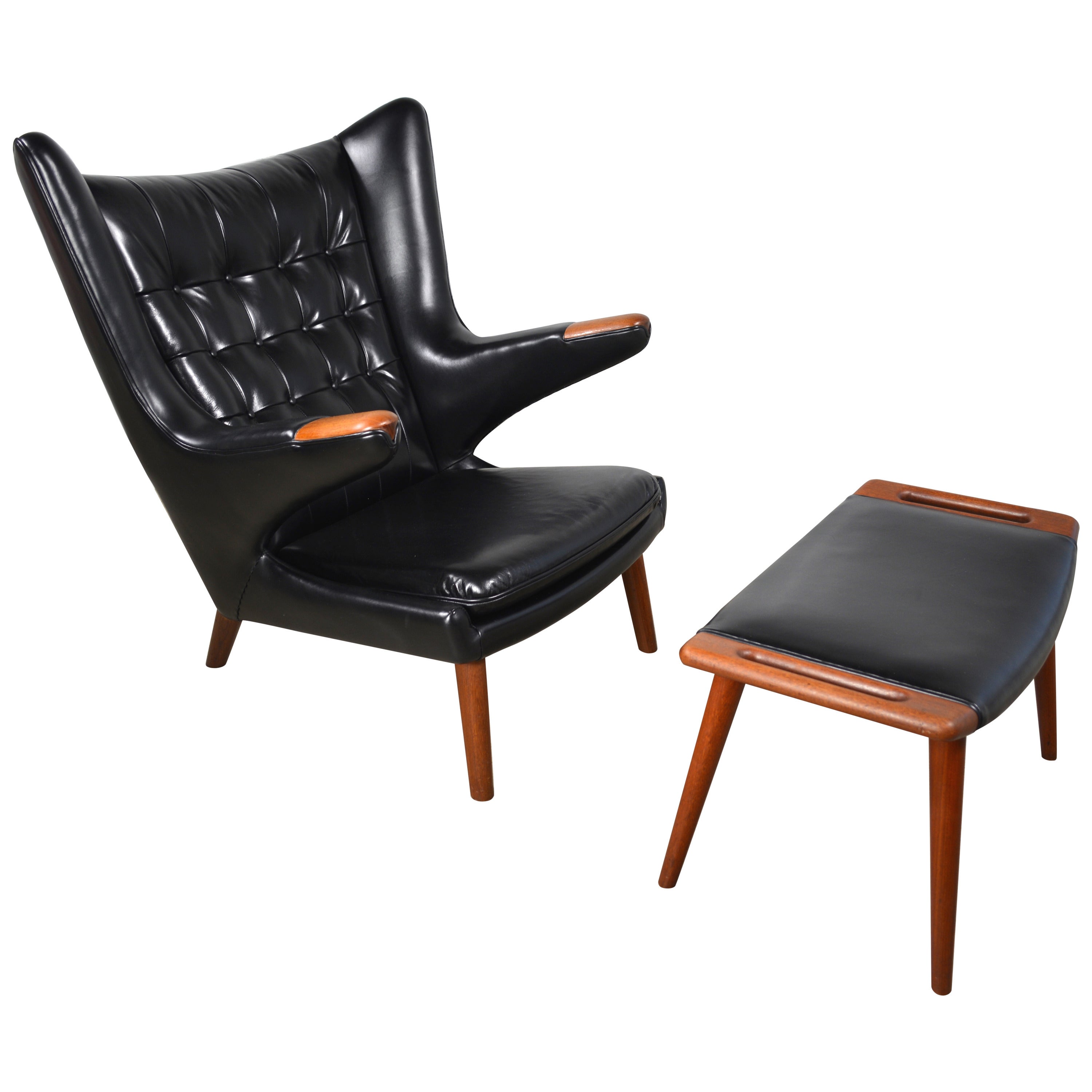 Hans Wegner "Papa Bear" Chair and Ottoman in Black Leather For Sale