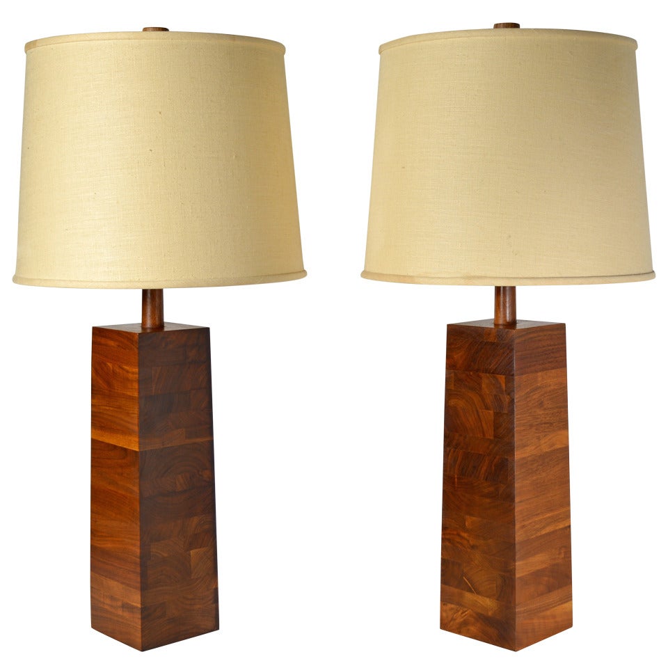 Martz Pair of Solid Stacked Walnut Table Lamps for Marshall Studios at