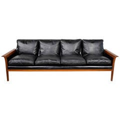 Hans Olsen Danish Modern Black Leather and Teak Sofa Hans Olsen Danish Modern Black Leather and Teak Sofa