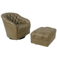 Ward Bennett Tufted Leather Swivel Lounge Chair and Ottoman