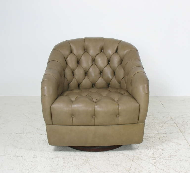 Ward Bennett Tufted Leather Swivel Lounge Chair and Ottoman In Excellent Condition In Loves Park, IL