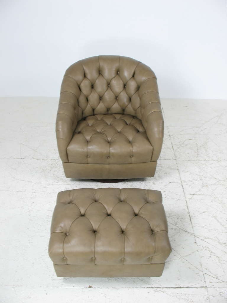 Ward Bennett Tufted Leather Swivel Lounge Chair and Ottoman 3