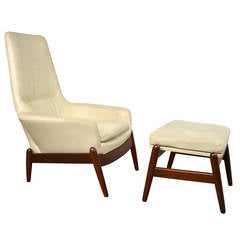 Ib Kofod-Larsen Danish Modern Leather Lounge Chair and Ottoman for Povl Dinesen