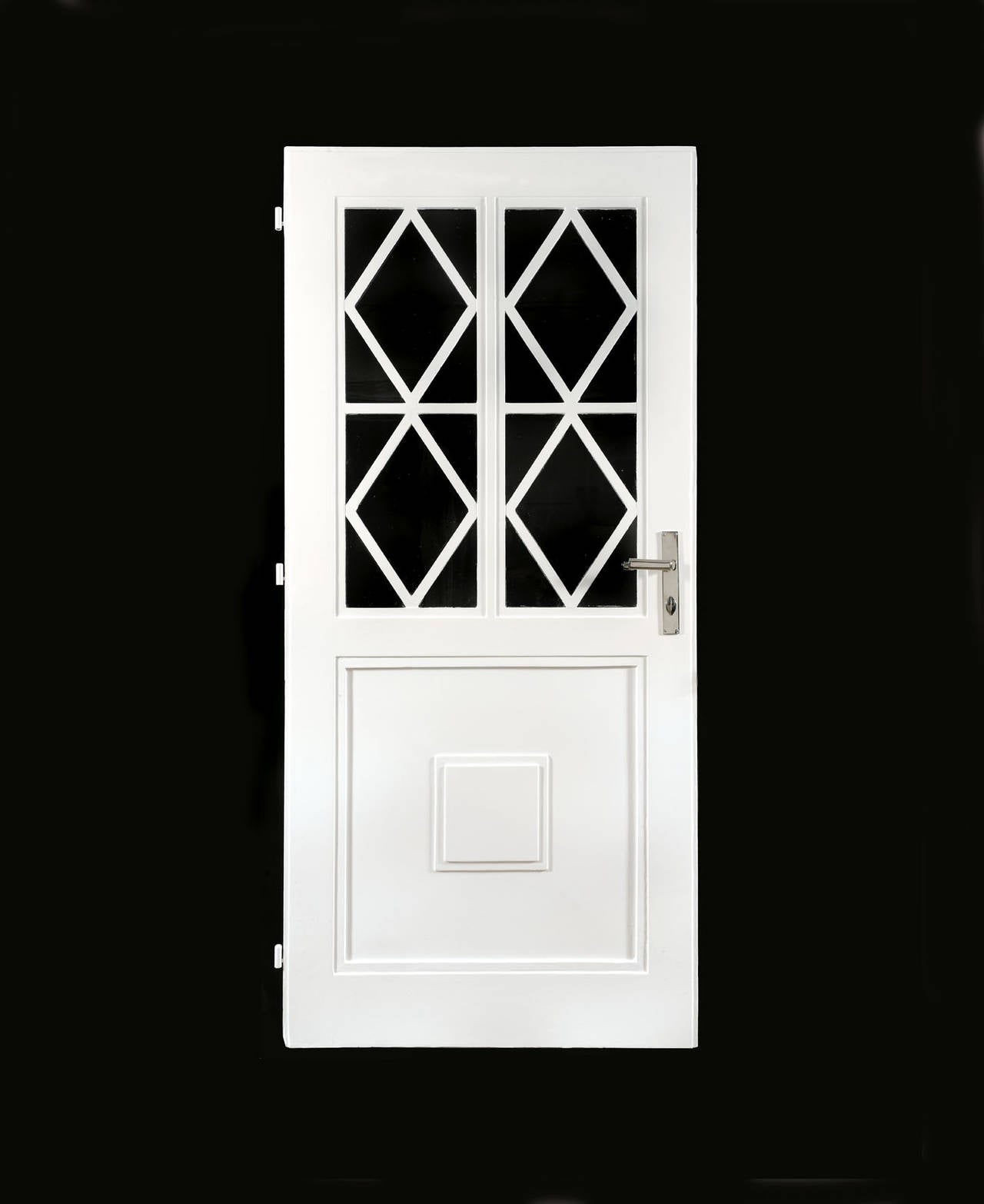 Two doors and two pairs of original door handles from Villa Schießl, circa 1911.
Two doors (design Hans Ofner): softwood, white lacquer, glass.
Two pairs of door handles with handle-plates (design Josef Hoffmann): brass and iron respectively,
