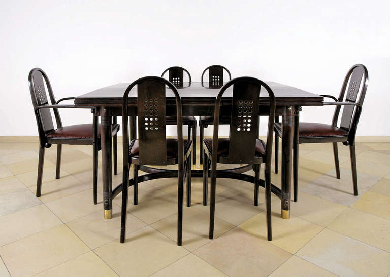 Dining Room Set, around 1905, manufactured by Jacob & Josef Kohn, Vienna, no 994 (table), no 369/1 (chair) and no 369/1F (armchair)
Beech, stained palisander and polished, armchairs and chairs with new leather upholstery, table and two chairs with