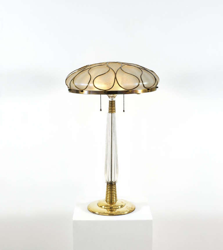 Table Lamp, around 1900
Brass: Arndt & Marcus, Berlin
Glass: Johann Lötz Witwe, Klostermühle
Colourless cut crystal glass, shade made of iridescent glass, 