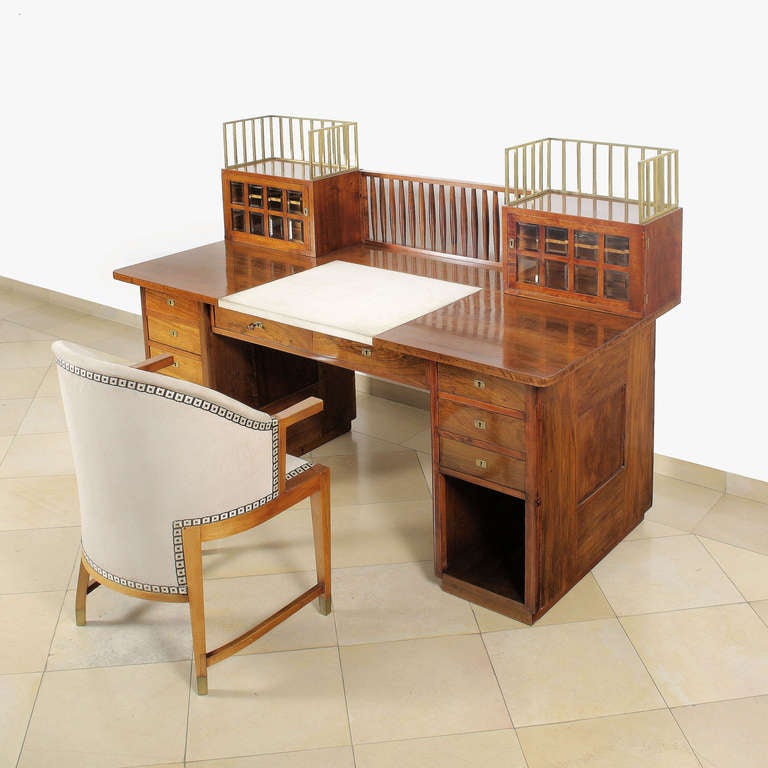 Desk and chair from the apartment of Magda Mautner-Markhof, Vienna
Walnut, mahogany marquetry, hammered brass fittings
Desktop with new leather, chair with new leather upholstery
Lit.: Deutsche Kunst und Dekoration, vol. 19, 1906/07, ill. p.