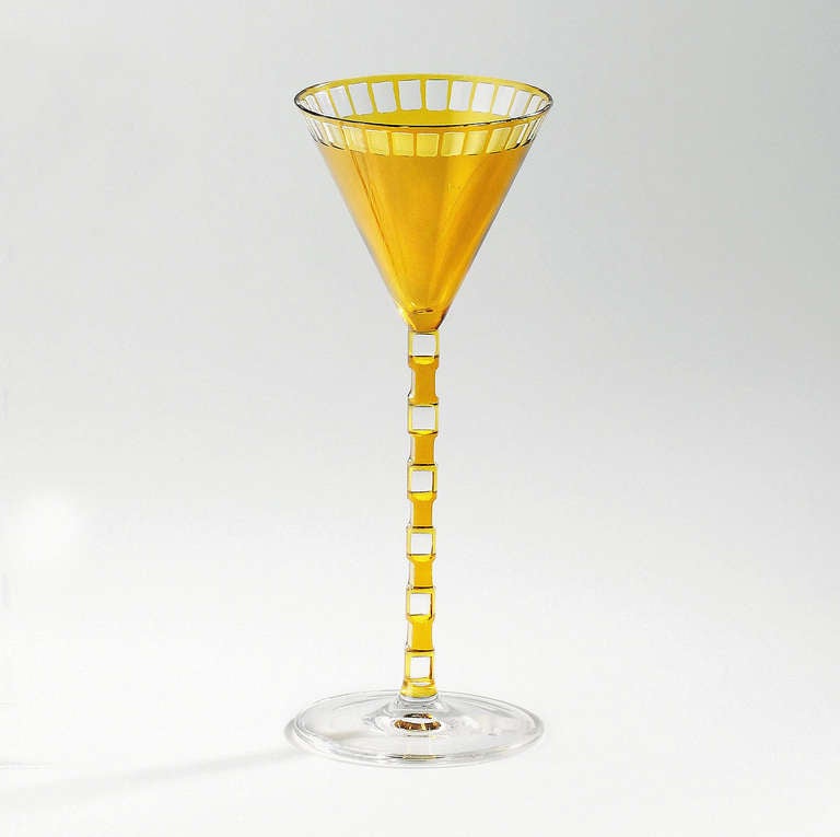 Glass goblet by Otto Prutscher, manufactured by Meyr´s Neffe, Adolf, around 1907
Commissioned by E. Bakalowits Söhne, Vienna
Colourless glass, overlayered with yellow, square cut décor in the area of the shoulder together with chain-like cuts