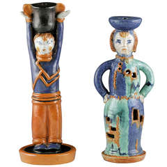Antique Two Pottery Lamp Bases Boy and Girl by Gudrun Baudisch, 1928