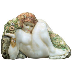 Alabasta Sculpture, "Reclining Female Figure" by Richard Teschner