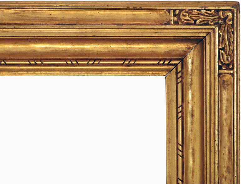 c. 1910-20s American Arts and Crafts frame; gilded hand-carved wood, foliate corners, excellent original gilding.
sight size (opening viewed from front): 9” x 6”
molding width: 4” depth from wall: 2”
outside: 17-1/8” x 14-1/8”
MIRROR may be