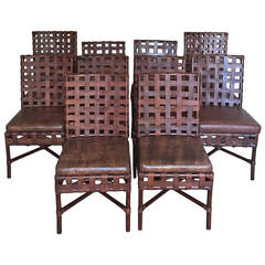 Vintage Set of Ten Leather and Bamboo Dinning Chairs by Roche Bobois