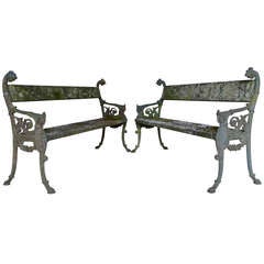 Rare Pair of Cast Iron and Wood Garden Benches End of 19th Century