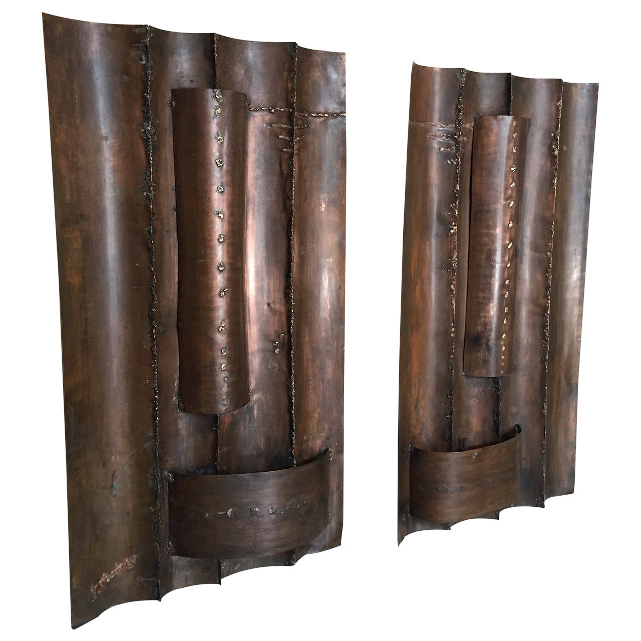 Pair of Tall Brustalist Wall Sconces For Sale