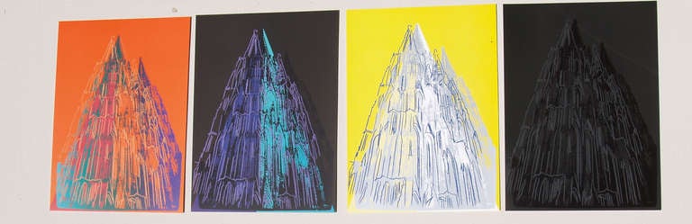 Four original announcement cards of the Cologne Cathedral Edition from Galerie Wuensche. Edition from 1985. The leaflet contains the four different colors of the edtion. Four individuel cards and the cover cards.
